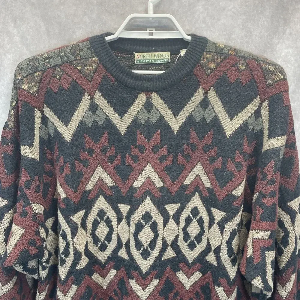 Vtg North Winds Cotton Traders Men XL Sweater Wool Blend Fair Isle Geo Pattern